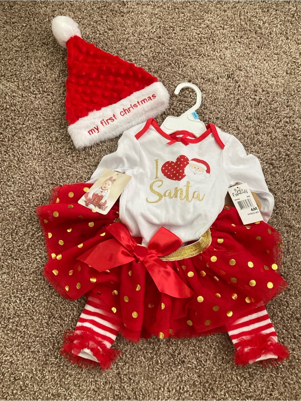 4-Piece Baby Essentials Red, White, & Gold Holiday 1st Christmas Tutu Set, 6 mo.